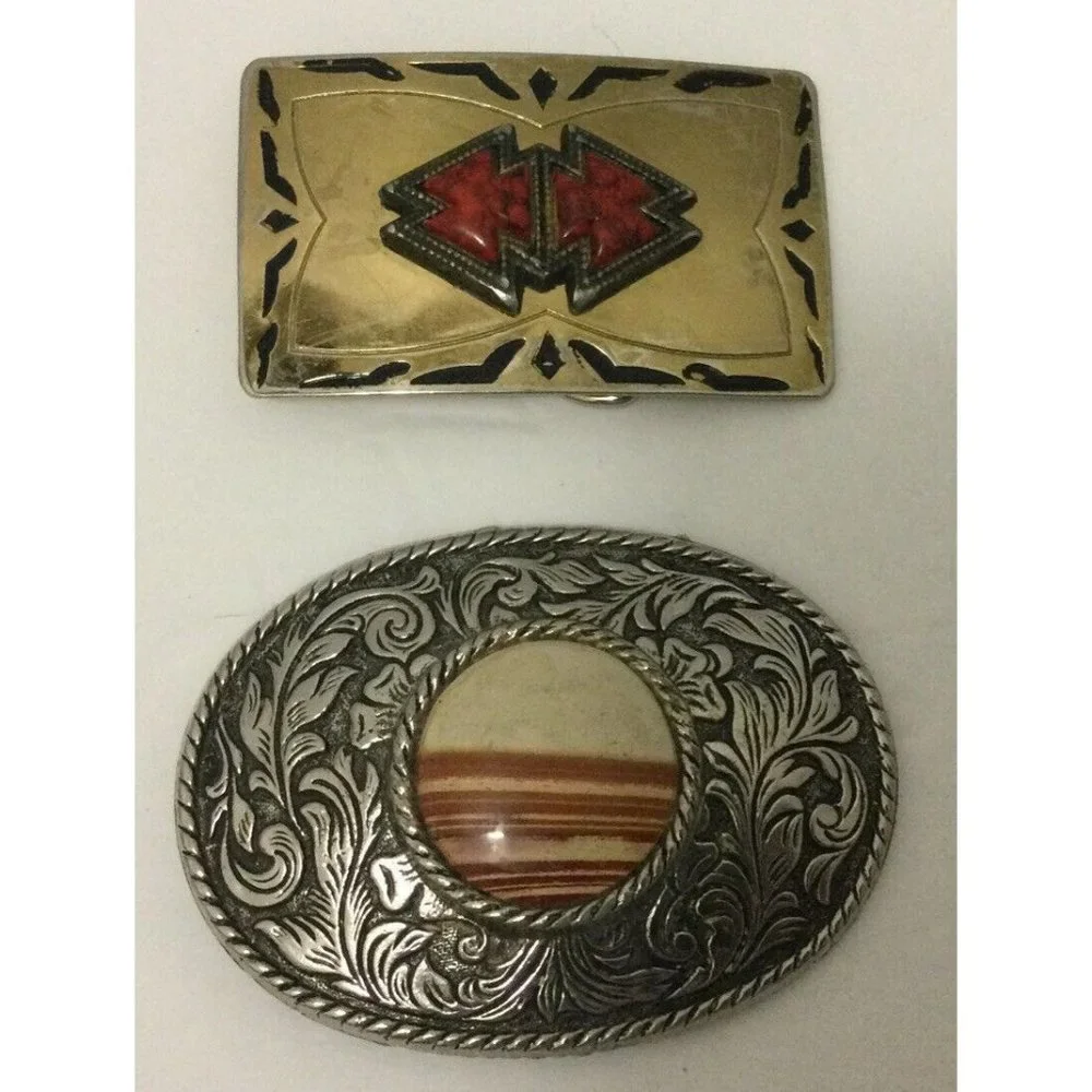 Southwestern Belt Buckle Buckles Lot Of 2 Rodeo Cowboy Stone Center